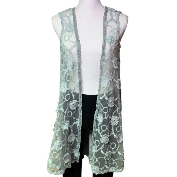 Women's 𝅺POL mint green floral lace boho open front vest size small - Picture 3 of 10